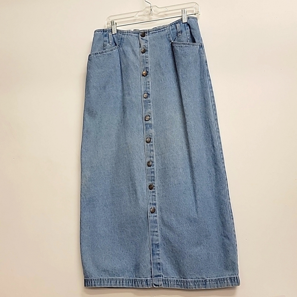 Vintage 90s Bill Blass High Waisted Denim Long Skirt, sz 10 Med 100% Cotton